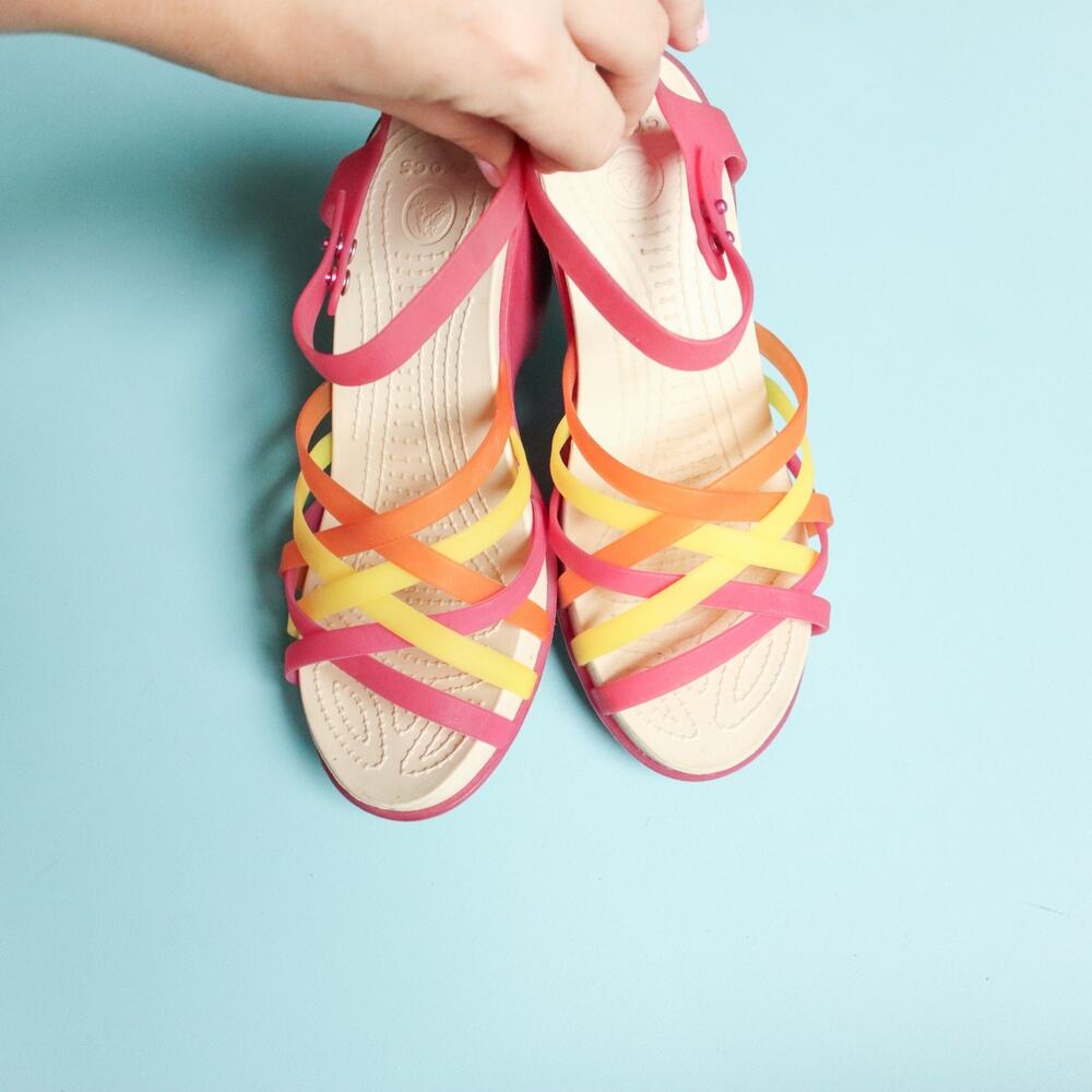 Crocs Huarache Pink Yellow Jelly Wedge Criss Cross Heels Womens 7 Retro Y2K 2000 - Picture 7 of 7